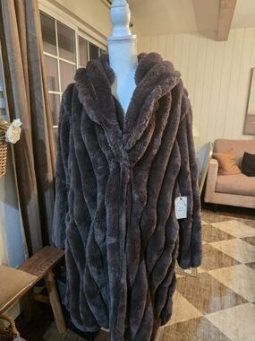 Fair Haven Dark Brown Plush Faux Fur Hooded Trench Coat